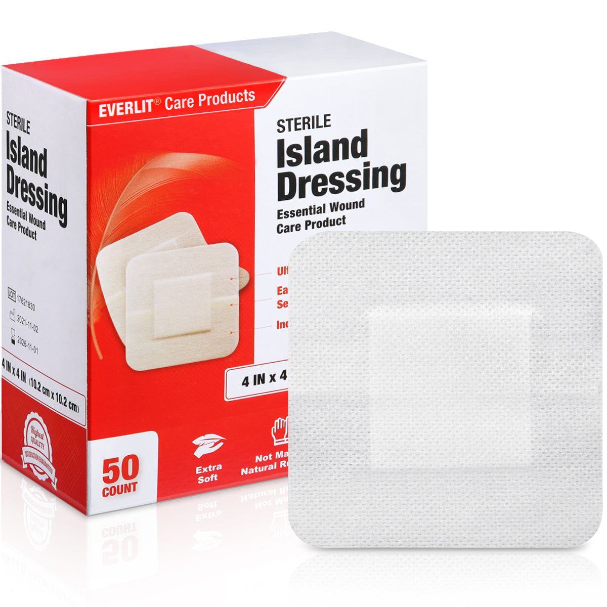 JJ CARE Waterproof Adhesive Island Dressing [Pack of 25], 4” x 8” Sterile  Island Dressing, Breathable Bordered Gauze Dressing, Individually Wrapped